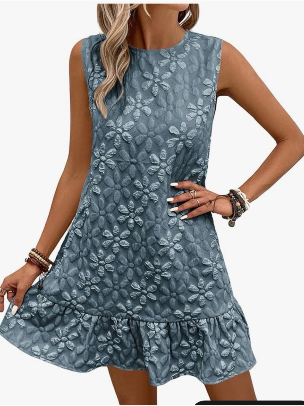 Sleeveless Floral Embroidered blue Mini Dress